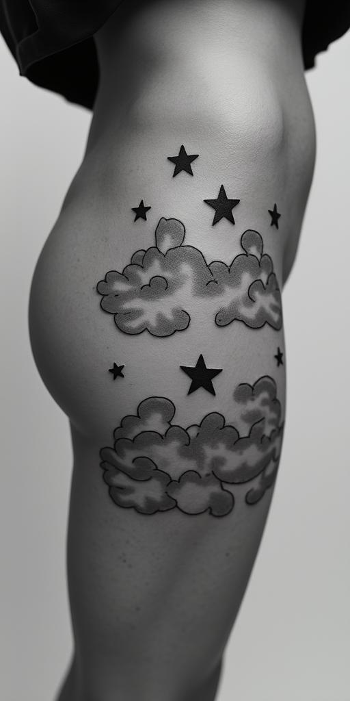 Lyndsey with clouds behind with 3 starshigly detailed tattoo - Variation 3