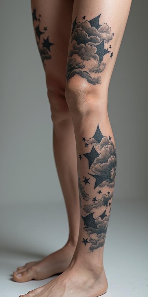 Lyndsey with clouds behind with 3 starshigly detailed tattoo