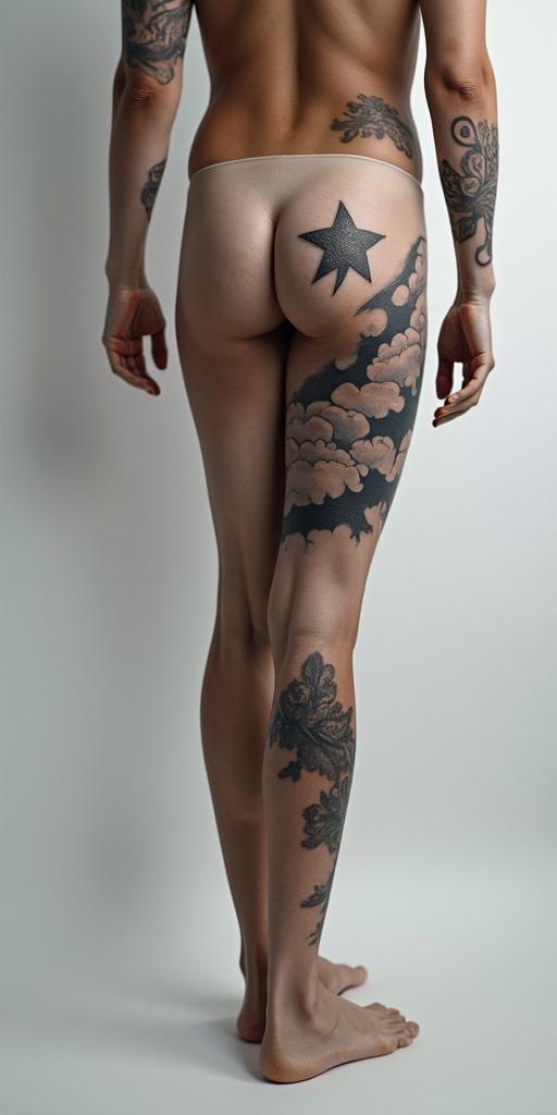 Lyndsey with clouds behind with 3 starshigly detailed tattoo - Variation 2