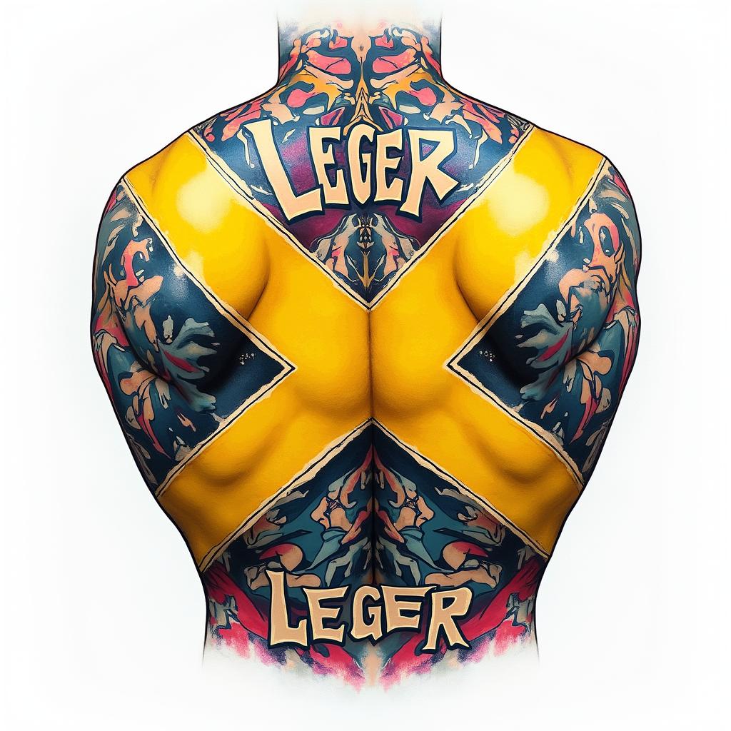 The name LEGER across the seat in yellow with the X-Men X behind it with an array of colorin pop art style tattoo, featuring bold and vibrant colors, exaggerated outlines, iconic imagery, inspired by comic books and speech bubbles, comic book characters, retro pop culture - Variation 2