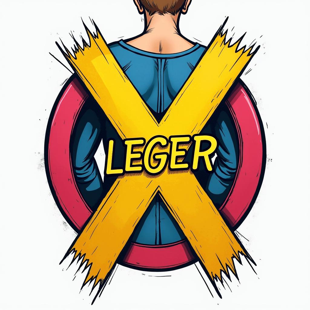 The name LEGER across the seat in yellow with the X-Men X behind it with an array of colorin pop art style tattoo, featuring bold and vibrant colors, exaggerated outlines, iconic imagery, inspired by comic books and speech bubbles, comic book characters, retro pop culture