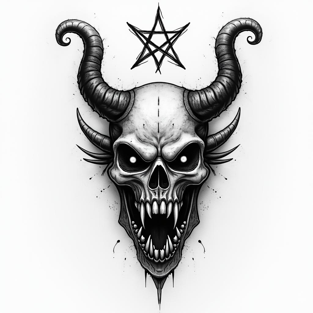 Tottenhamcreepy horror tattoo style, featuring an eerie and unsettling skull of a demonic creature, distorted face with sharp fangs, add pentagram symbol