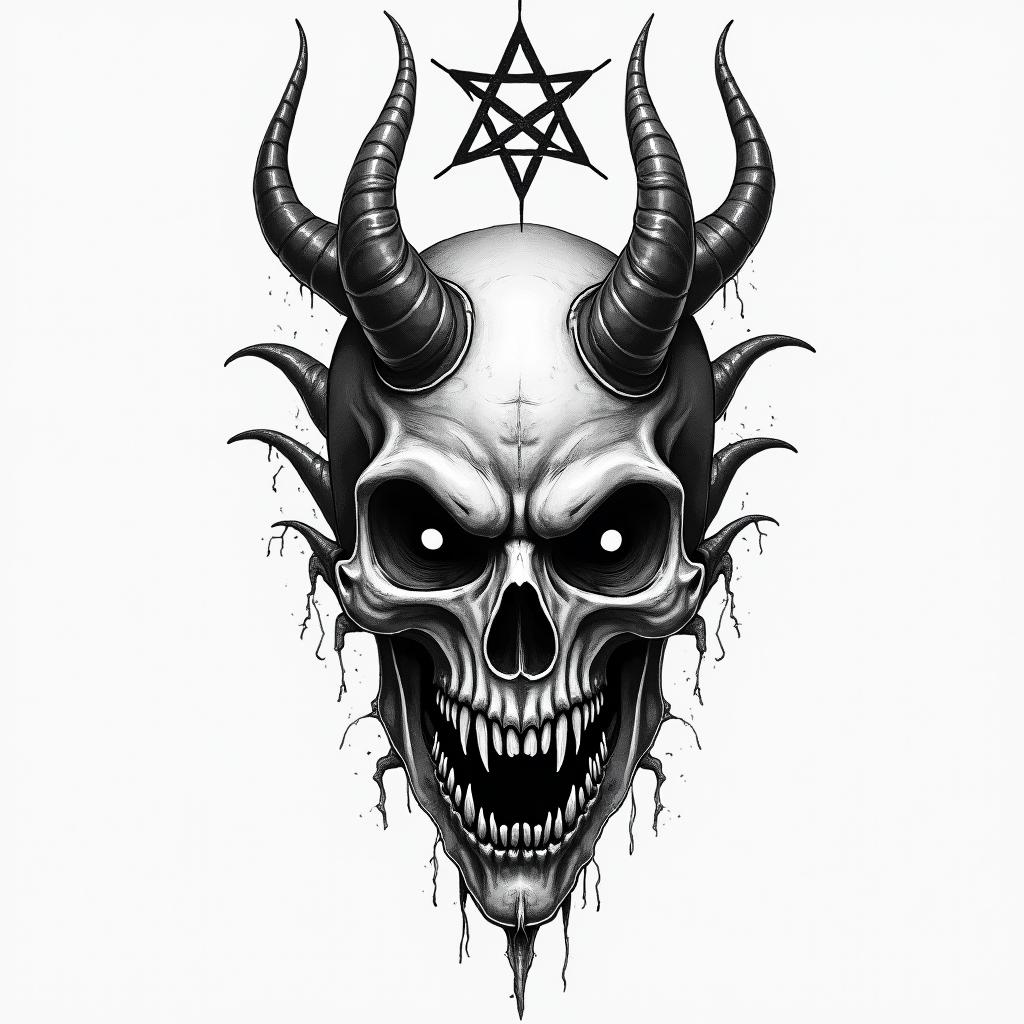 Tottenhamcreepy horror tattoo style, featuring an eerie and unsettling skull of a demonic creature, distorted face with sharp fangs, add pentagram symbol - Variation 3