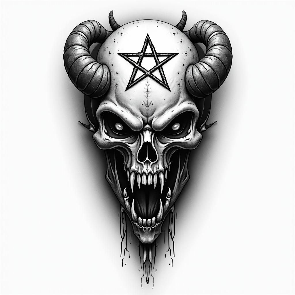Tottenhamcreepy horror tattoo style, featuring an eerie and unsettling skull of a demonic creature, distorted face with sharp fangs, add pentagram symbol - Variation 2