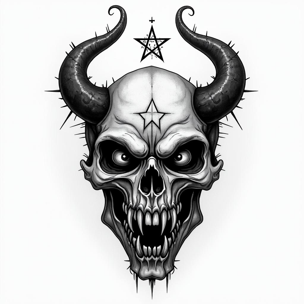 Tottenhamcreepy horror tattoo style, featuring an eerie and unsettling skull of a demonic creature, distorted face with sharp fangs, add pentagram symbol - Variation 4