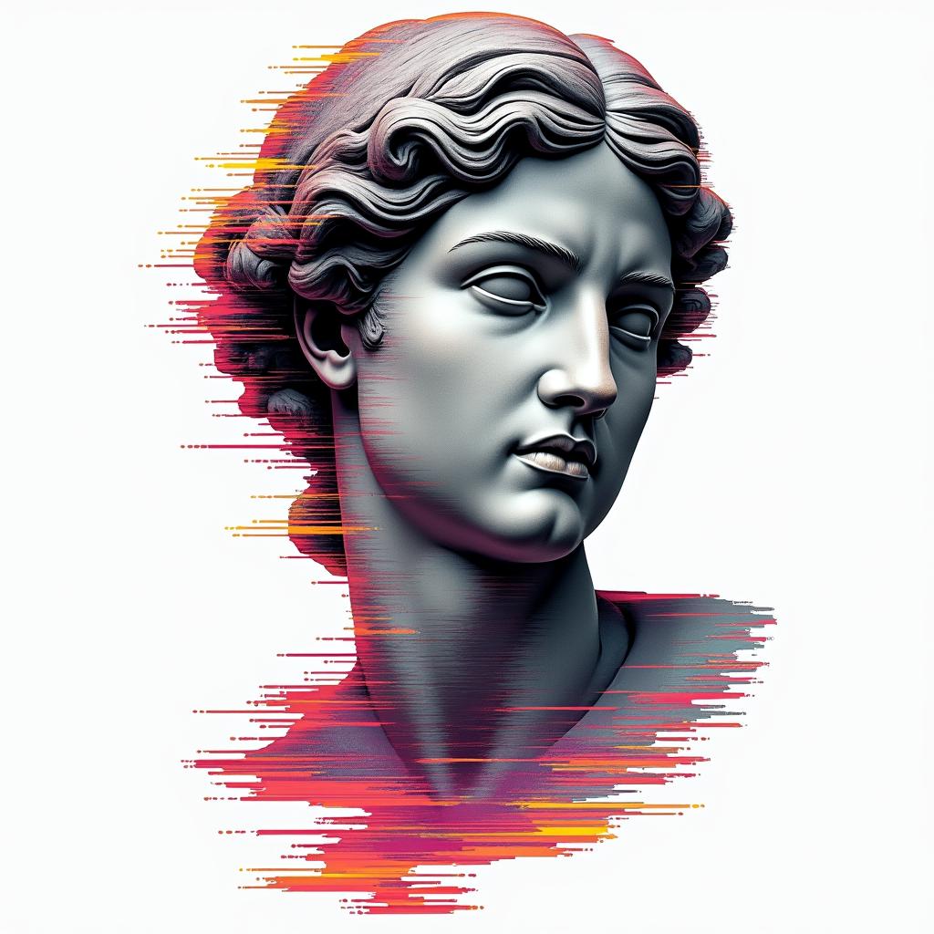 The name River inside of a river with colored Ruby’sin distorted and fragmented tattoo design, featuring a classical statue bust, in a glitch art style with vibrant, overlapping colors of cyan, magenta, and yellow, creating a digital distortion effect