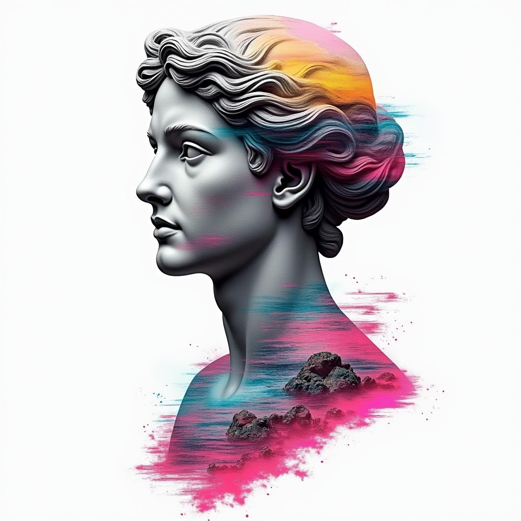The name River inside of a river with colored Ruby’sin distorted and fragmented tattoo design, featuring a classical statue bust, in a glitch art style with vibrant, overlapping colors of cyan, magenta, and yellow, creating a digital distortion effect - Variation 2