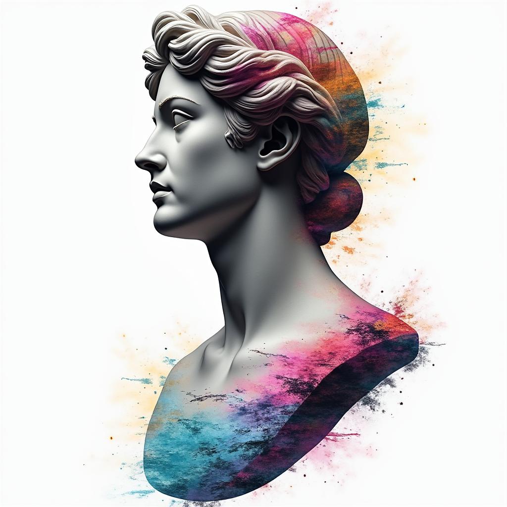 The name River inside of a river with colored Ruby’sin distorted and fragmented tattoo design, featuring a classical statue bust, in a glitch art style with vibrant, overlapping colors of cyan, magenta, and yellow, creating a digital distortion effect - Variation 3