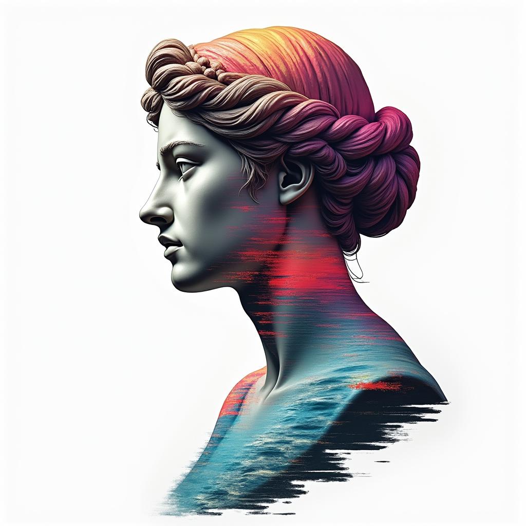 The name River inside of a river with colored Ruby’sin distorted and fragmented tattoo design, featuring a classical statue bust, in a glitch art style with vibrant, overlapping colors of cyan, magenta, and yellow, creating a digital distortion effect - Variation 4
