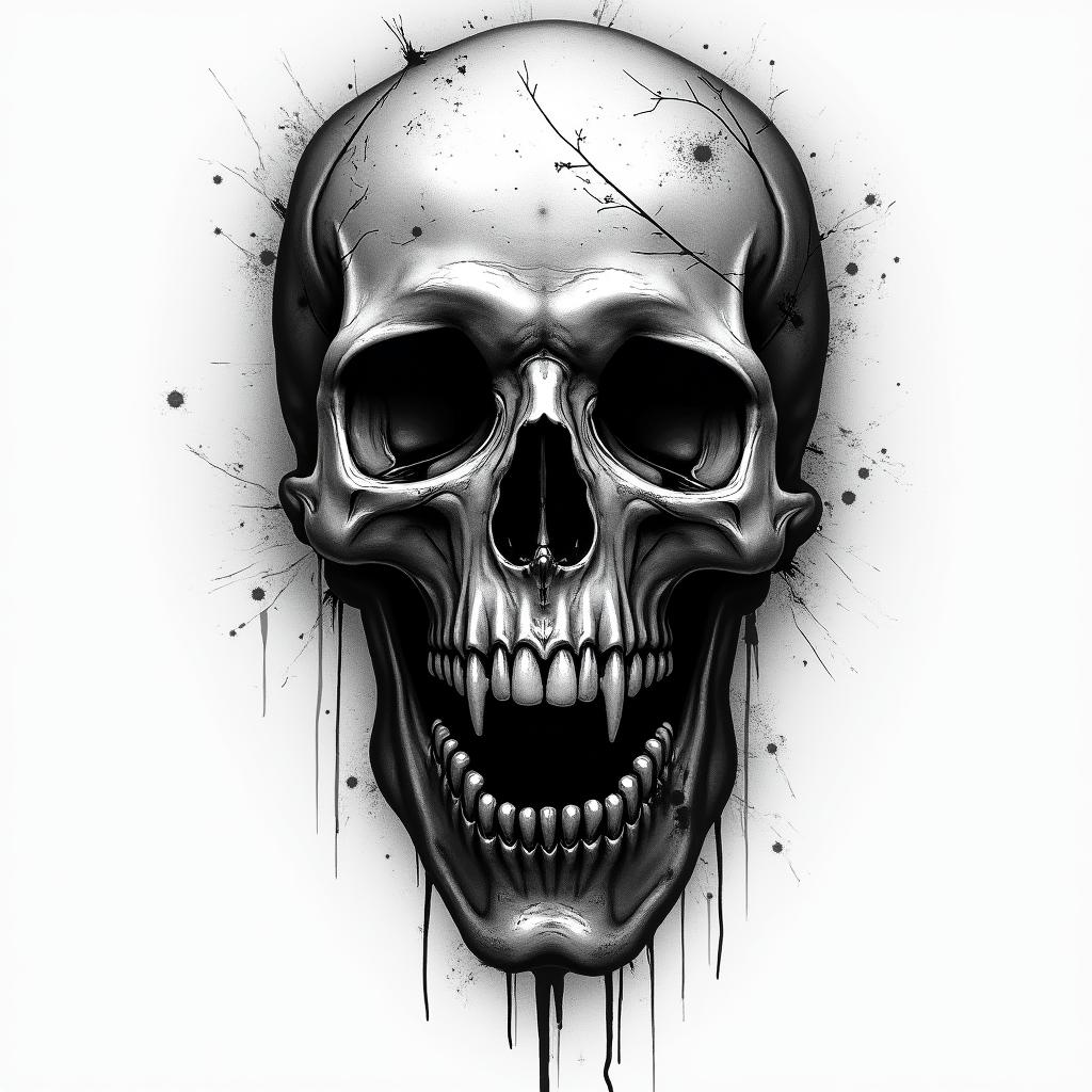 Harley in horror tattoo style, showcasing haunting and unsettling, dark and gritty textures with skulls, eerie faces, jgged designs, bold and intense shading - Variation 2