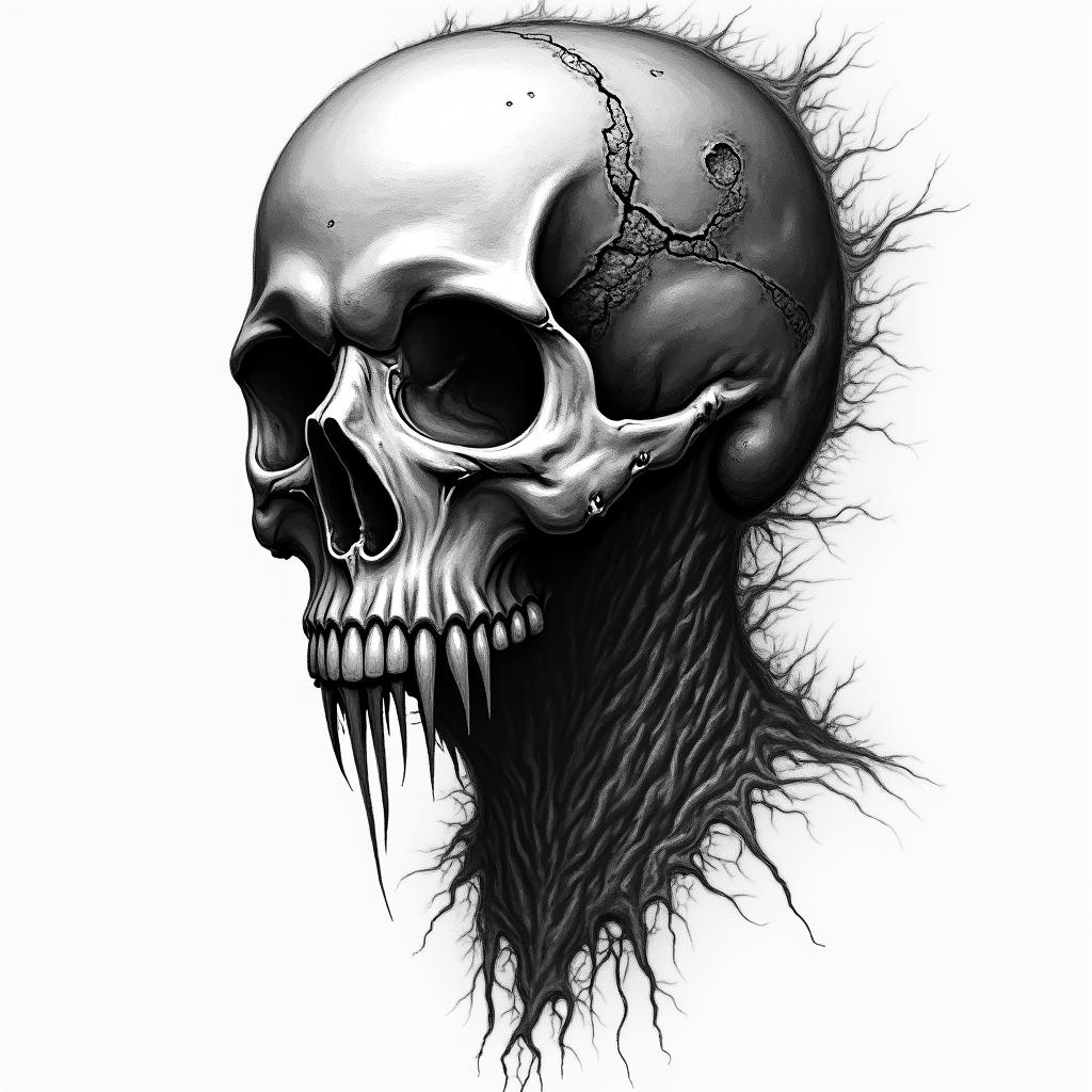 Harley in horror tattoo style, showcasing haunting and unsettling, dark and gritty textures with skulls, eerie faces, jgged designs, bold and intense shading - Variation 4