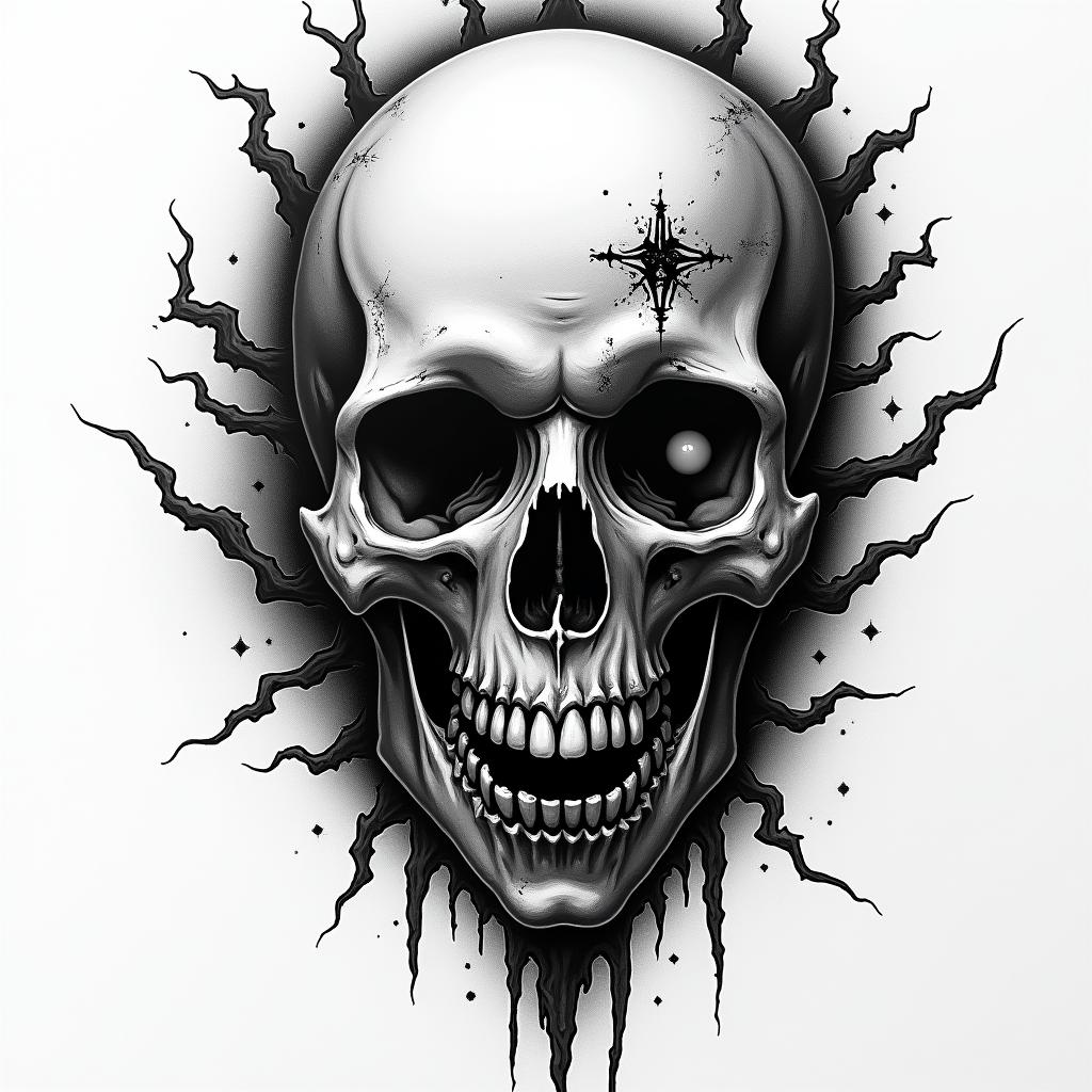 Harley in horror tattoo style, showcasing haunting and unsettling, dark and gritty textures with skulls, eerie faces, jgged designs, bold and intense shading - Variation 3