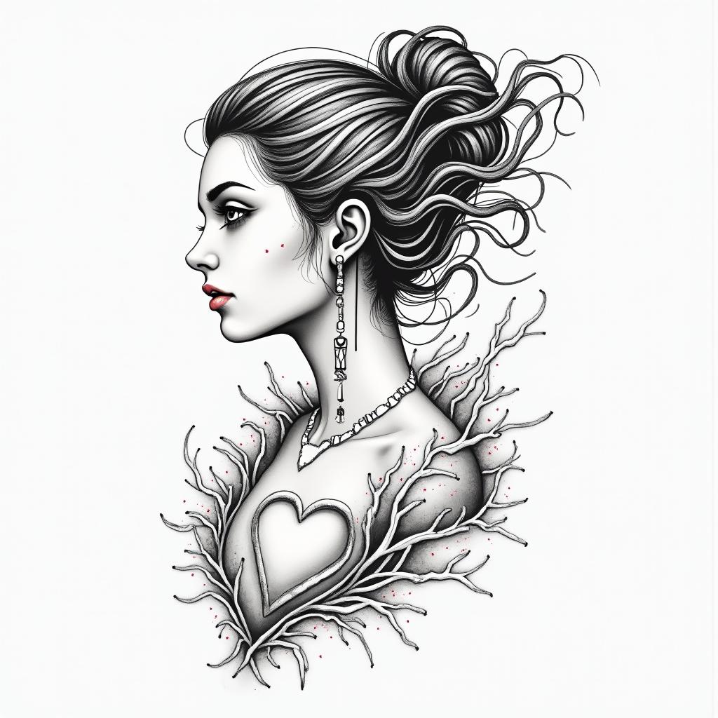 Futuristic cyberpunk girl with neon accentsin Modest style tattoo, featuring soft, delicate line work with simple and meaningful symbols, gentle waves, a heart, evoking a sense of serenity and grace, - Variation 2