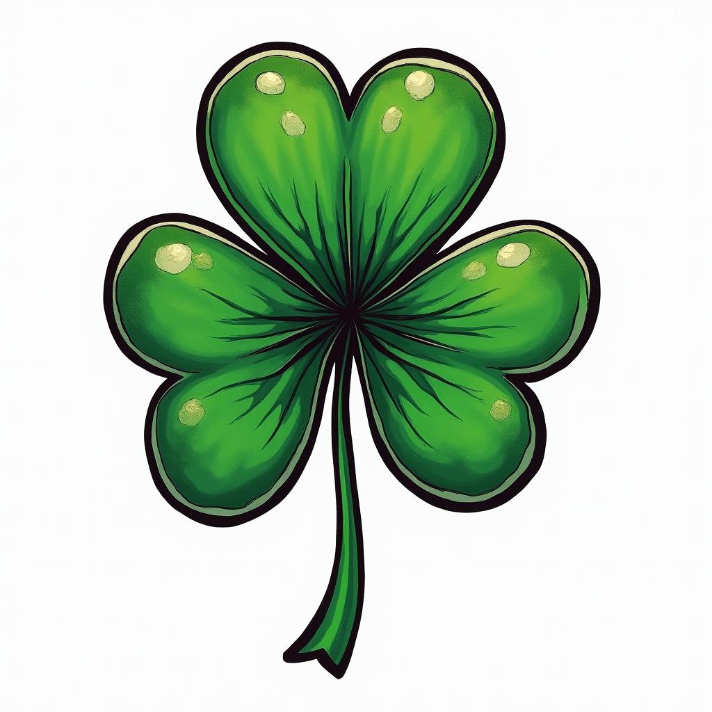 4 leaf cloverin pop art style tattoo, featuring bold and vibrant colors, exaggerated outlines, iconic imagery, inspired by comic books and speech bubbles, comic book characters, retro pop culture