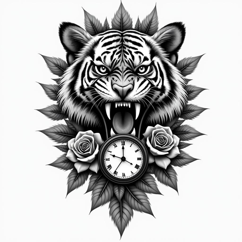 Tiger with fangs with a clock and rosehigly detailed tattoo - Variation 7