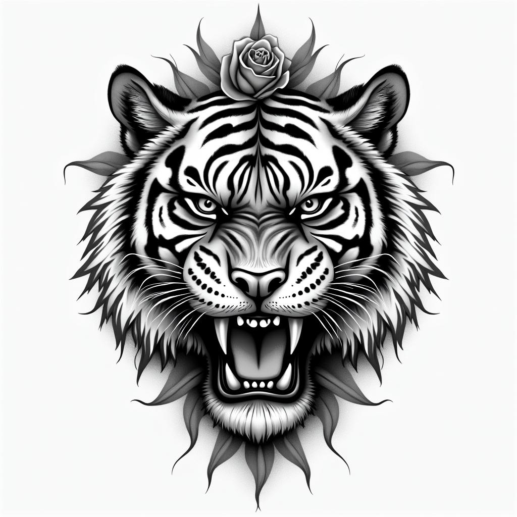 Tiger with fangs with a clock and rosehigly detailed tattoo - Variation 6
