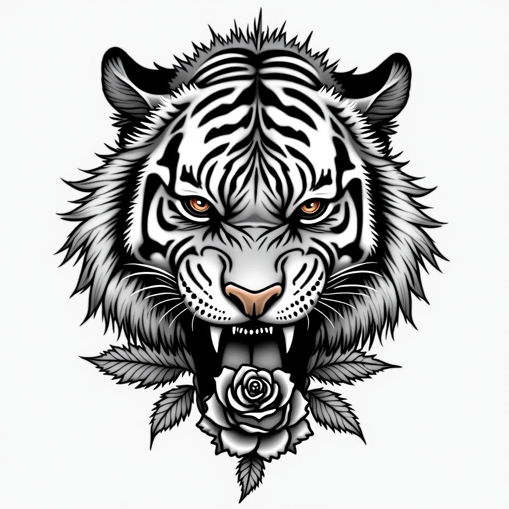Tiger with fangs with a clock and rosehigly detailed tattoo - Variation 5
