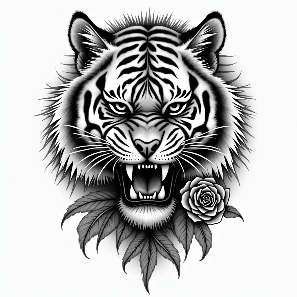 Tiger with fangs with a clock and rosehigly detailed tattoo - Variation 8