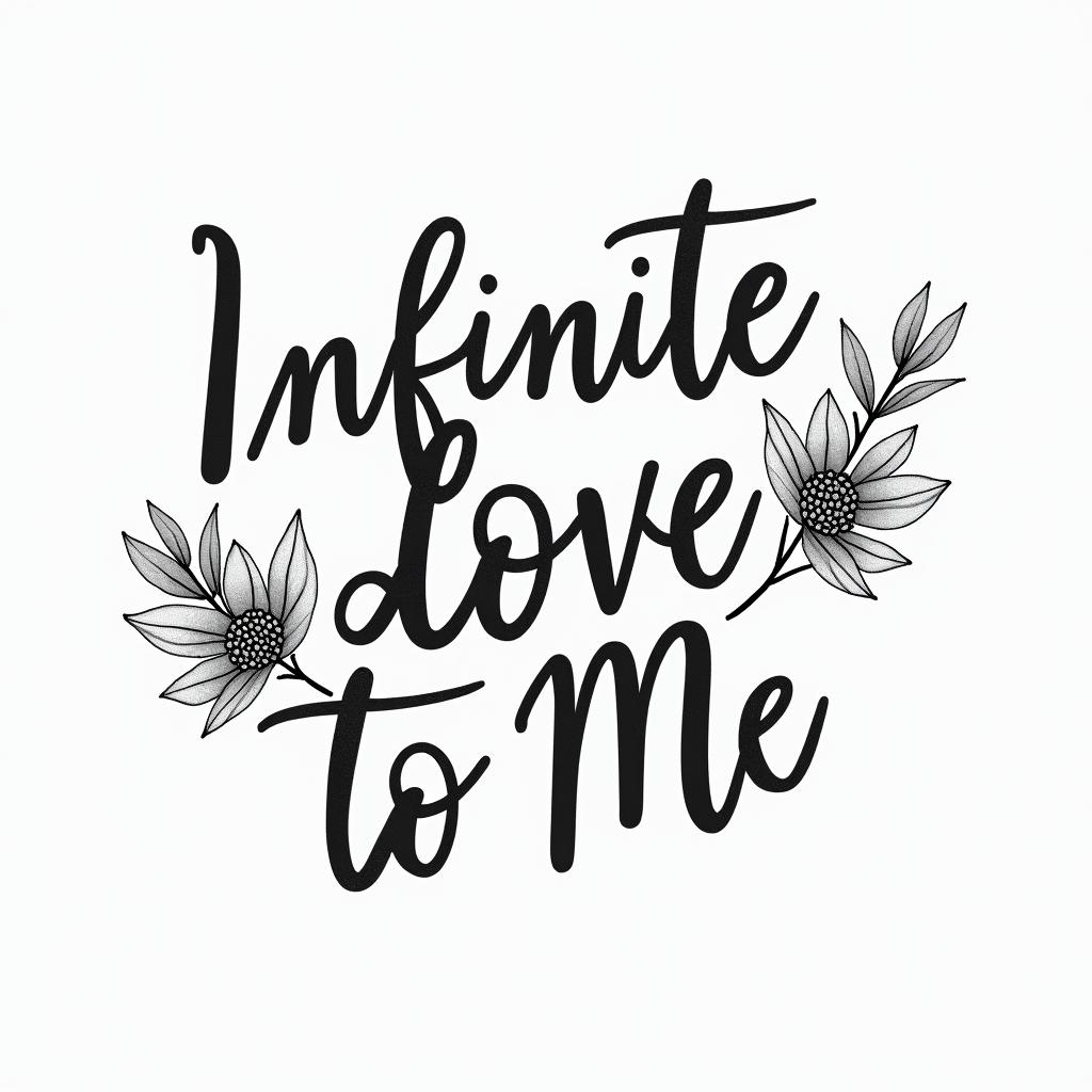 Infinite love to metext-based tattoo, japanese font ultra-realistic, perfectly placed, high-quality font design, photo-realistic shading, 8k, high quality, finely detailed typograph