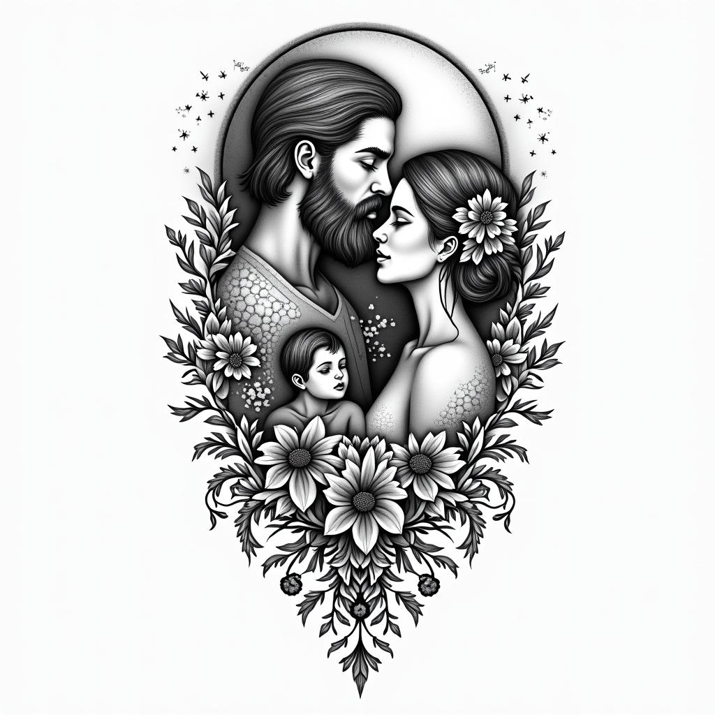 A far away tattoo that involves a man with a beard
and woman in front of a moon, add 2 small boysin ornamental tattoo style, featuring intricate symmetrical patterns and floral designs, showcasing highly detailed line work and geometric shapes, creating a sense of elegance and balance - Variation 2