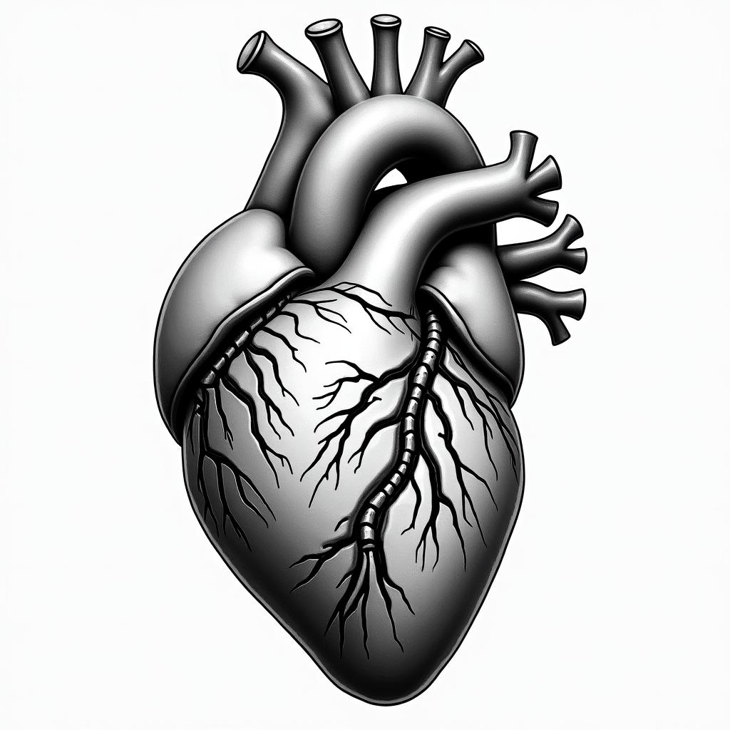 Create an image of an anatomical hearttattoo in biomechanic style, the tattoo covered by robotic elements of futuristic cyberpunk design, robotic features detail, showcasing intricate mechanical components