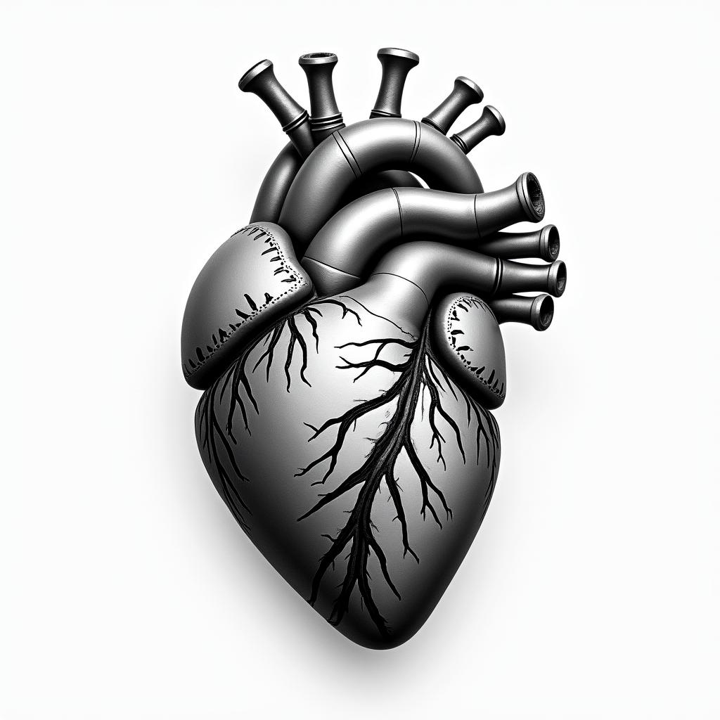 Create an image of an anatomical hearttattoo in biomechanic style, the tattoo covered by robotic elements of futuristic cyberpunk design, robotic features detail, showcasing intricate mechanical components - Variation 2