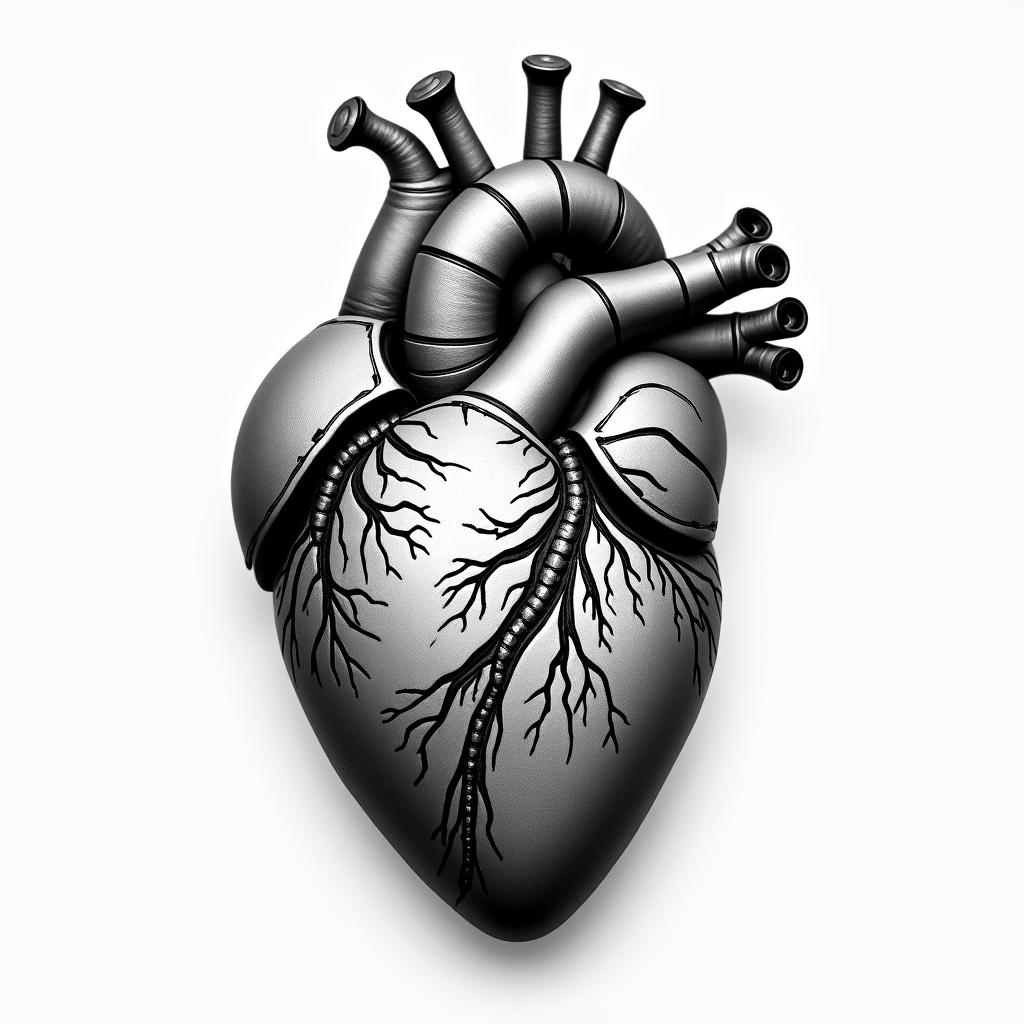 Create an image of an anatomical hearttattoo in biomechanic style, the tattoo covered by robotic elements of futuristic cyberpunk design, robotic features detail, showcasing intricate mechanical components - Variation 4