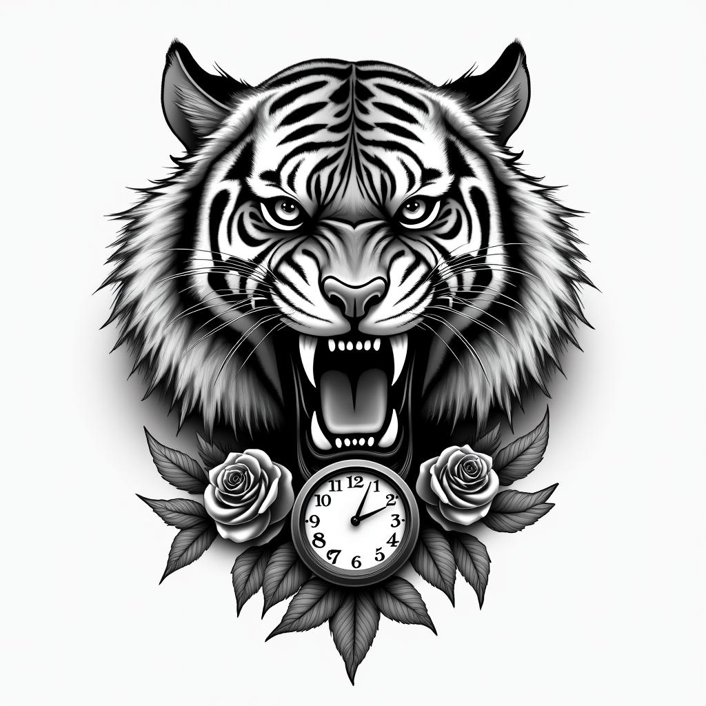 Tiger with fangs with a clock and rosehigly detailed tattoo