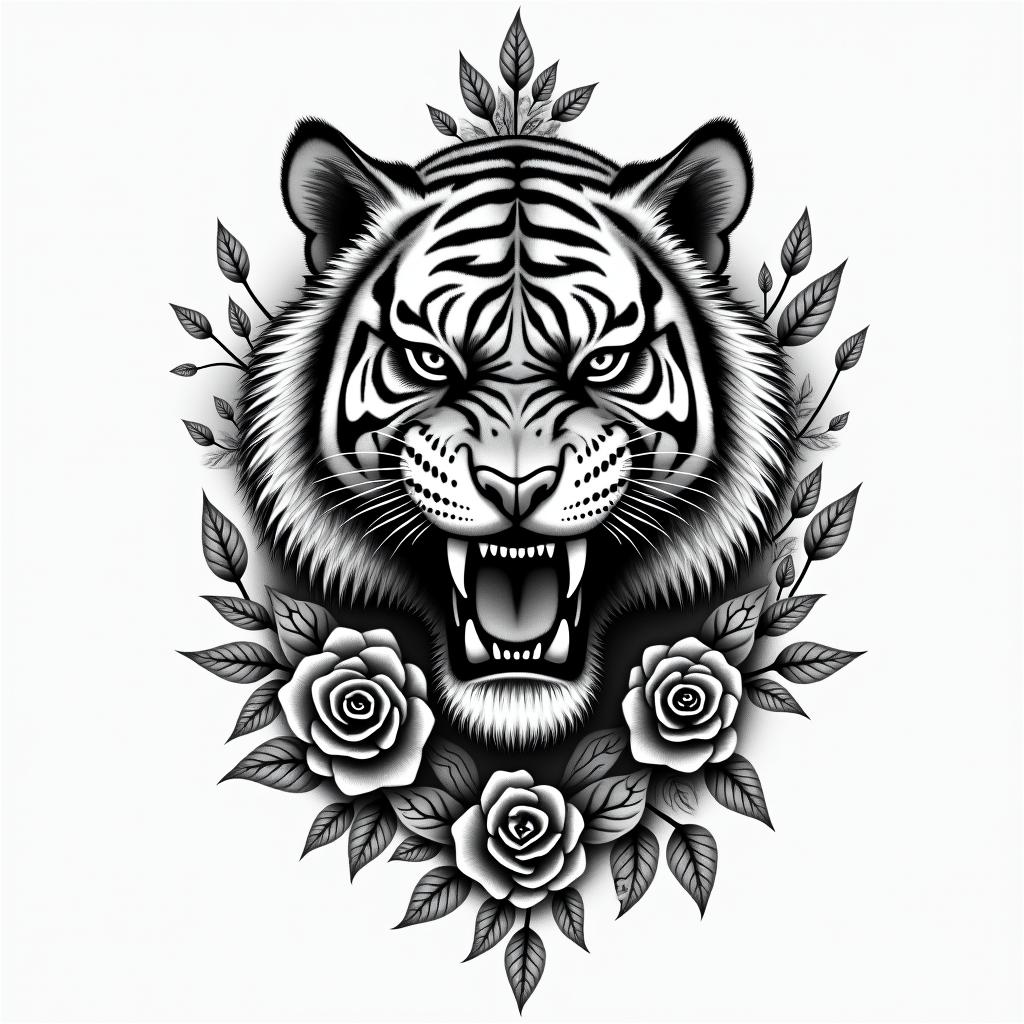 Tiger with fangs with a clock and rosehigly detailed tattoo - Variation 2