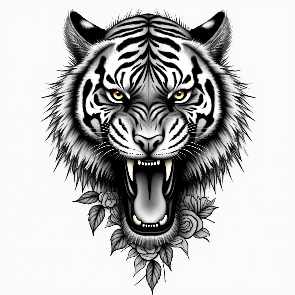 Tiger with fangs with a clock and rosehigly detailed tattoo - Variation 4