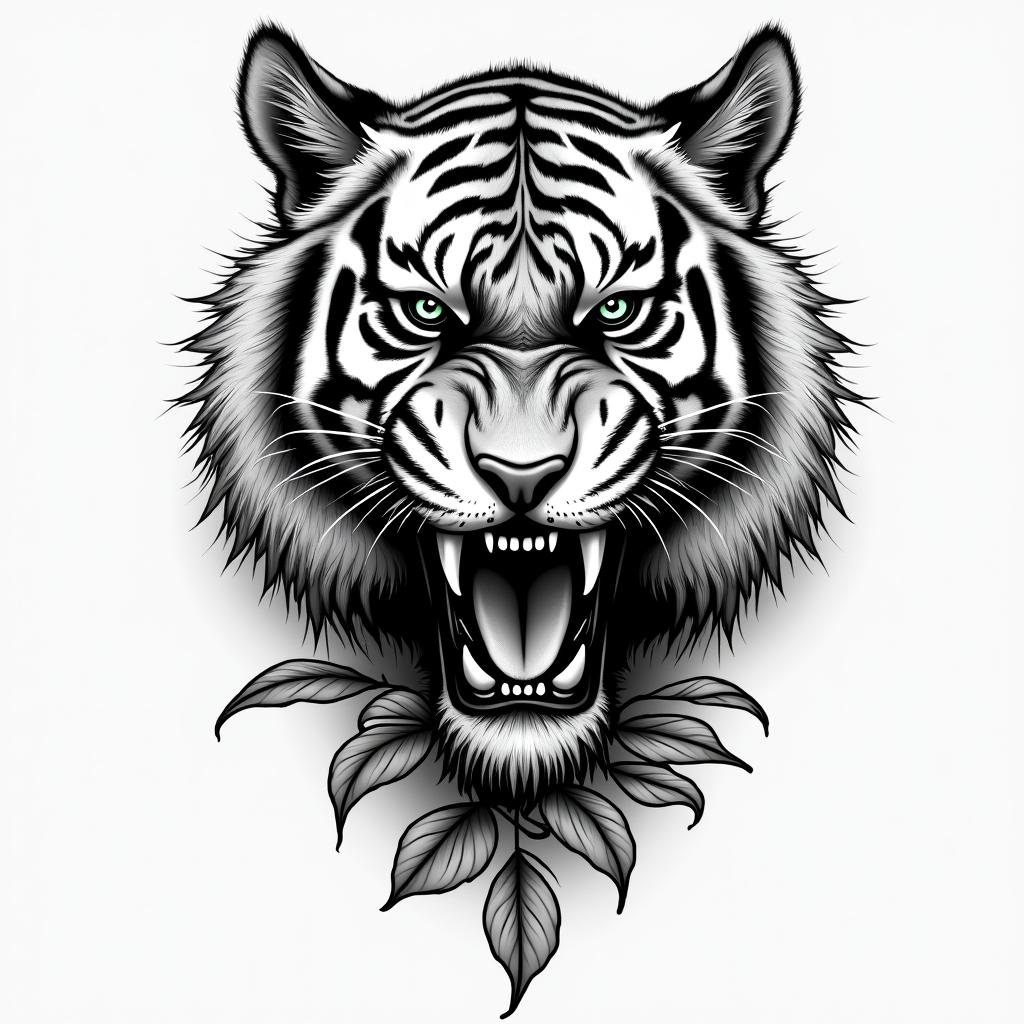 Tiger with fangs with a clock and rosehigly detailed tattoo - Variation 3