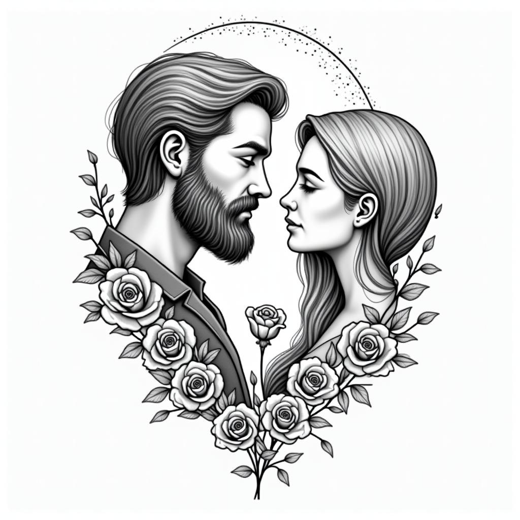 A far away tattoo that involves a man with a beard 
and woman in front of a moon, add 2 small boysin elegant cursive calligraphy style 2d tattoo, decorate with roses, featuring a smooth and flowing handwritten script with slightly thickened strokes for a luxurious and bold appearance,  heart symbol between names,  sleek and glossy black text with shadowing, minimalist matte white background, clean and sharp edges, illuminated with soft lighting, romantic, 8k, high-quality textures with refined typography - Variation 3