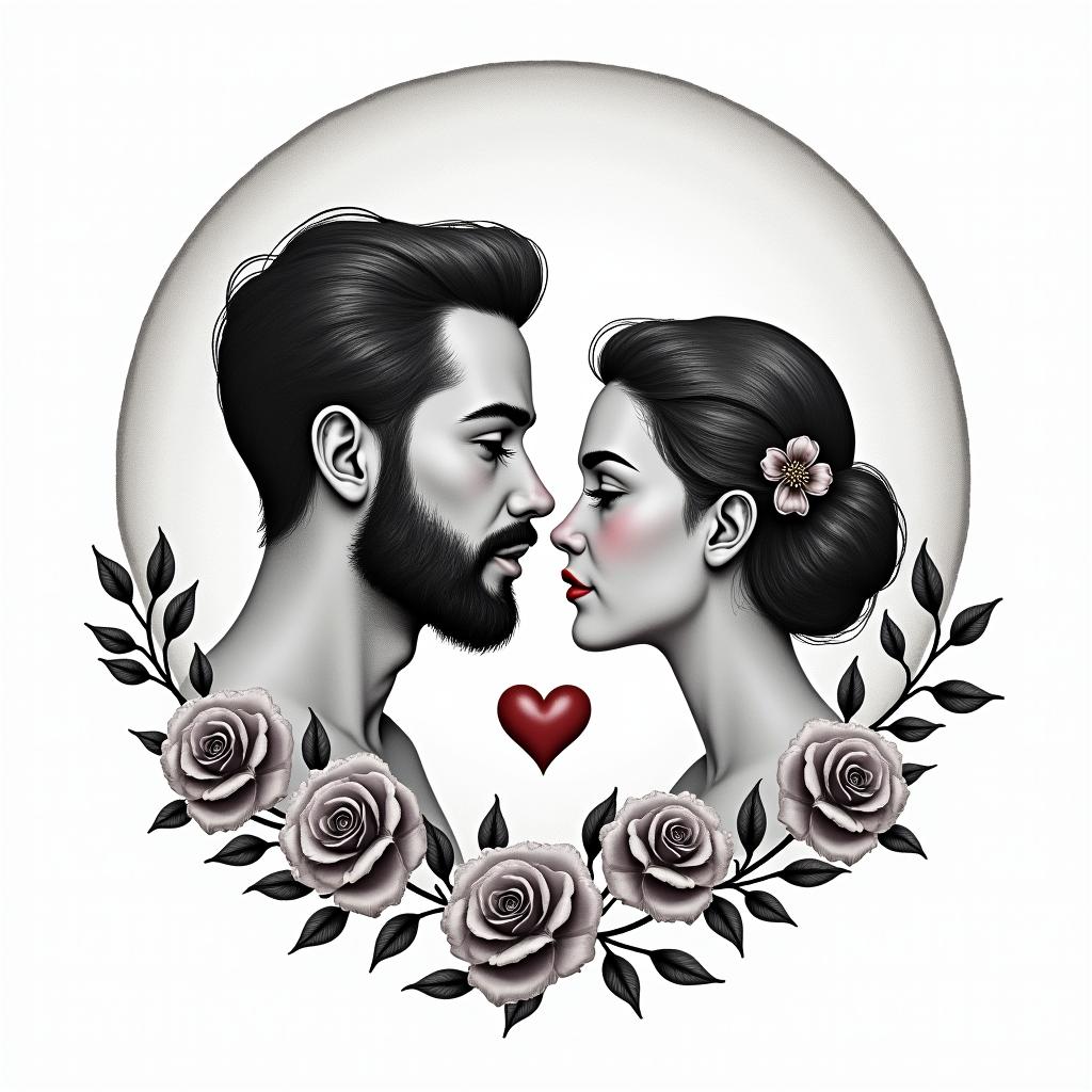 A far away tattoo that involves a man with a beard 
and woman in front of a moon, add 2 small boysin elegant cursive calligraphy style 2d tattoo, decorate with roses, featuring a smooth and flowing handwritten script with slightly thickened strokes for a luxurious and bold appearance,  heart symbol between names,  sleek and glossy black text with shadowing, minimalist matte white background, clean and sharp edges, illuminated with soft lighting, romantic, 8k, high-quality textures with refined typography - Variation 4