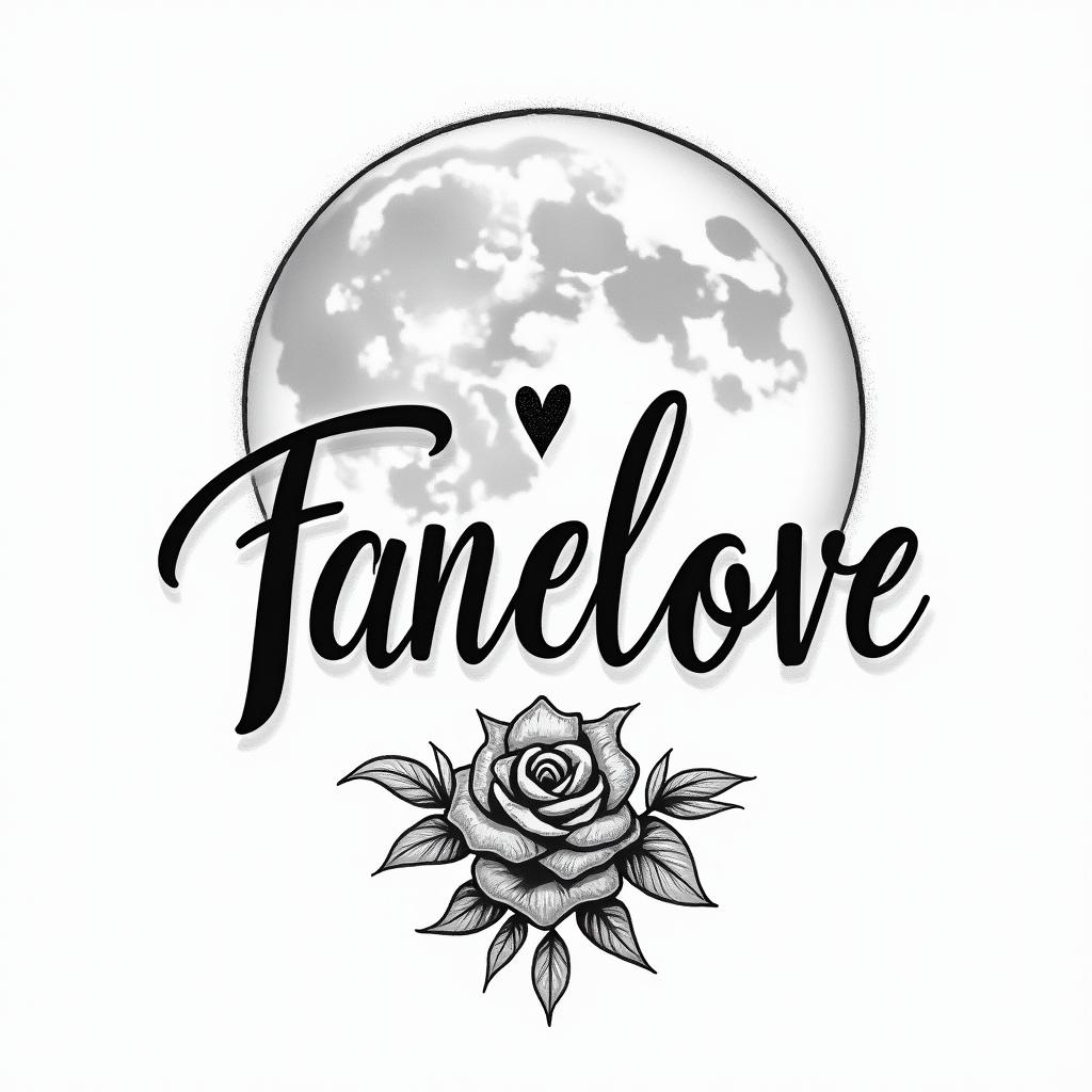 A far away tattoo that involves a man with a beard 
and woman in front of a moon, add 2 small boysin elegant cursive calligraphy style 2d tattoo, decorate with roses, featuring a smooth and flowing handwritten script with slightly thickened strokes for a luxurious and bold appearance,  heart symbol between names,  sleek and glossy black text with shadowing, minimalist matte white background, clean and sharp edges, illuminated with soft lighting, romantic, 8k, high-quality textures with refined typography