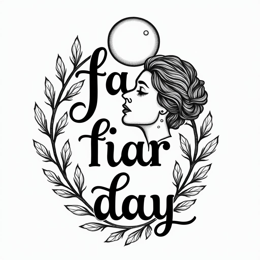 A far away tattoo that involves a man with a beard 
and woman in front of a moon, add 2 small boysin elegant cursive calligraphy style 2d tattoo, decorate with roses, featuring a smooth and flowing handwritten script with slightly thickened strokes for a luxurious and bold appearance,  heart symbol between names,  sleek and glossy black text with shadowing, minimalist matte white background, clean and sharp edges, illuminated with soft lighting, romantic, 8k, high-quality textures with refined typography - Variation 2