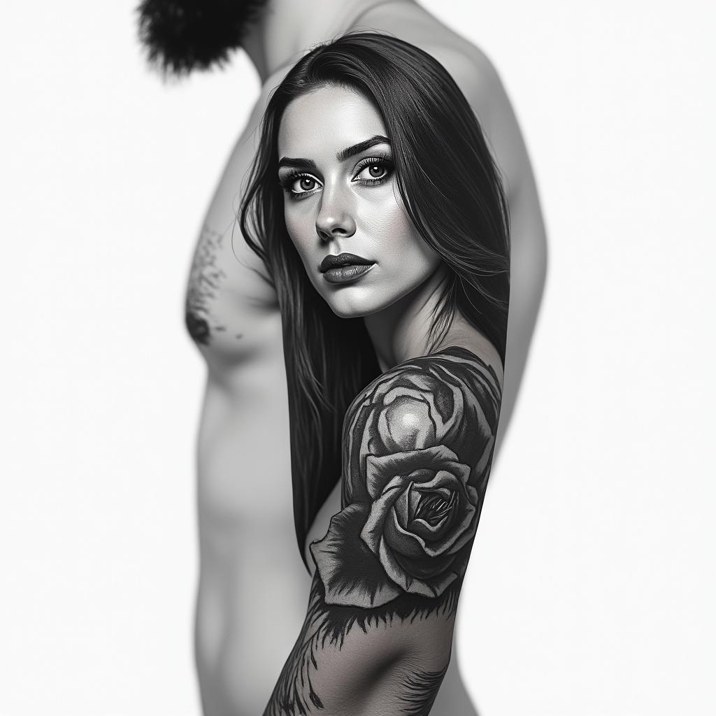 Upper arm sleeve realismin portrait tattoo style, featuring a highly realistic and detailed depiction  - Variation 2