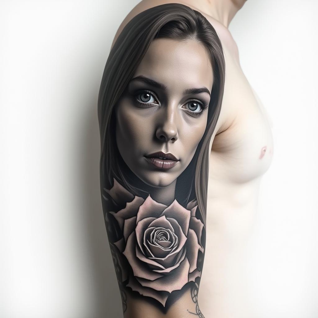 Upper arm sleeve realismin portrait tattoo style, featuring a highly realistic and detailed depiction