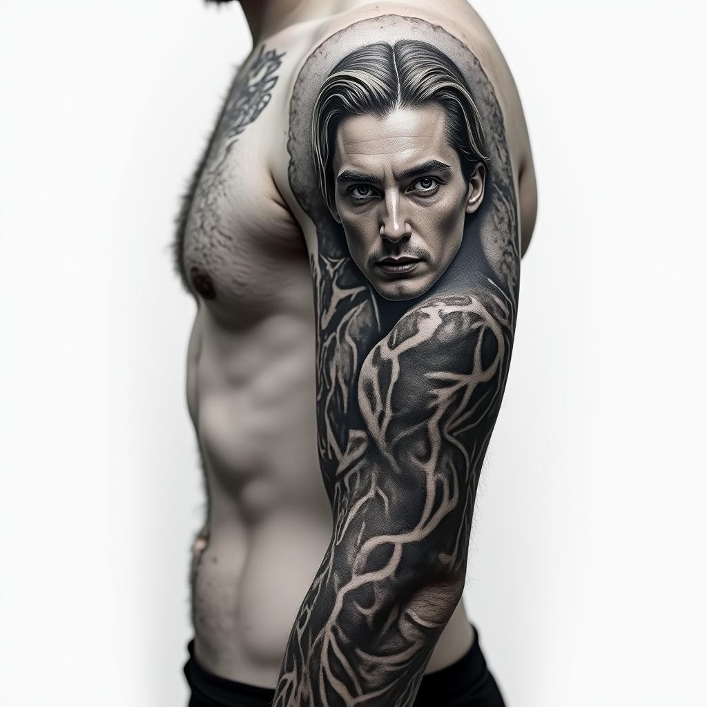 Upper arm sleeve realismin portrait tattoo style, featuring a highly realistic and detailed depiction  - Variation 3