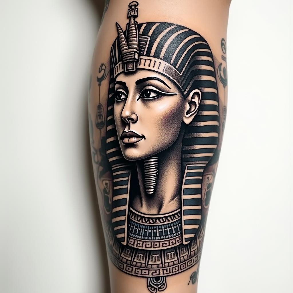A tattoo on the forearmin egyptian style tattoo, bold elements of ancient egyptian culture including a portrait of an Egyptian pharaoh with detailed facial features, in hieroglyphs and symbolic imagery, eye of horus, ankh symbol, scarab beetle - Variation 4