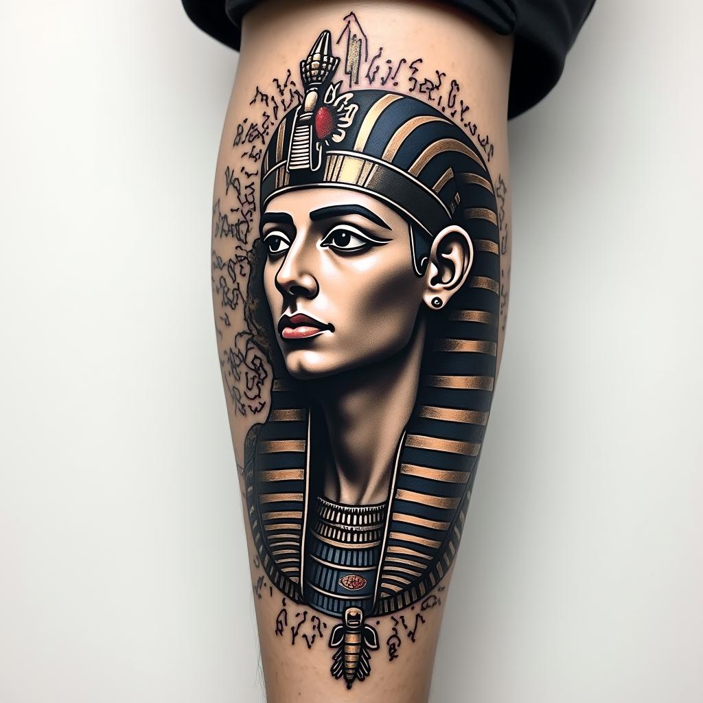A tattoo on the forearmin egyptian style tattoo, bold elements of ancient egyptian culture including a portrait of an Egyptian pharaoh with detailed facial features, in hieroglyphs and symbolic imagery, eye of horus, ankh symbol, scarab beetle - Variation 3