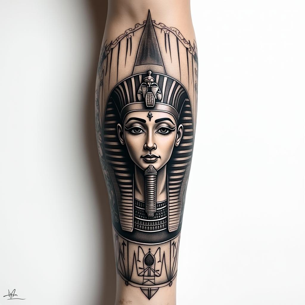 A tattoo on the forearmin egyptian style tattoo, bold elements of ancient egyptian culture including a portrait of an Egyptian pharaoh with detailed facial features, in hieroglyphs and symbolic imagery, eye of horus, ankh symbol, scarab beetle