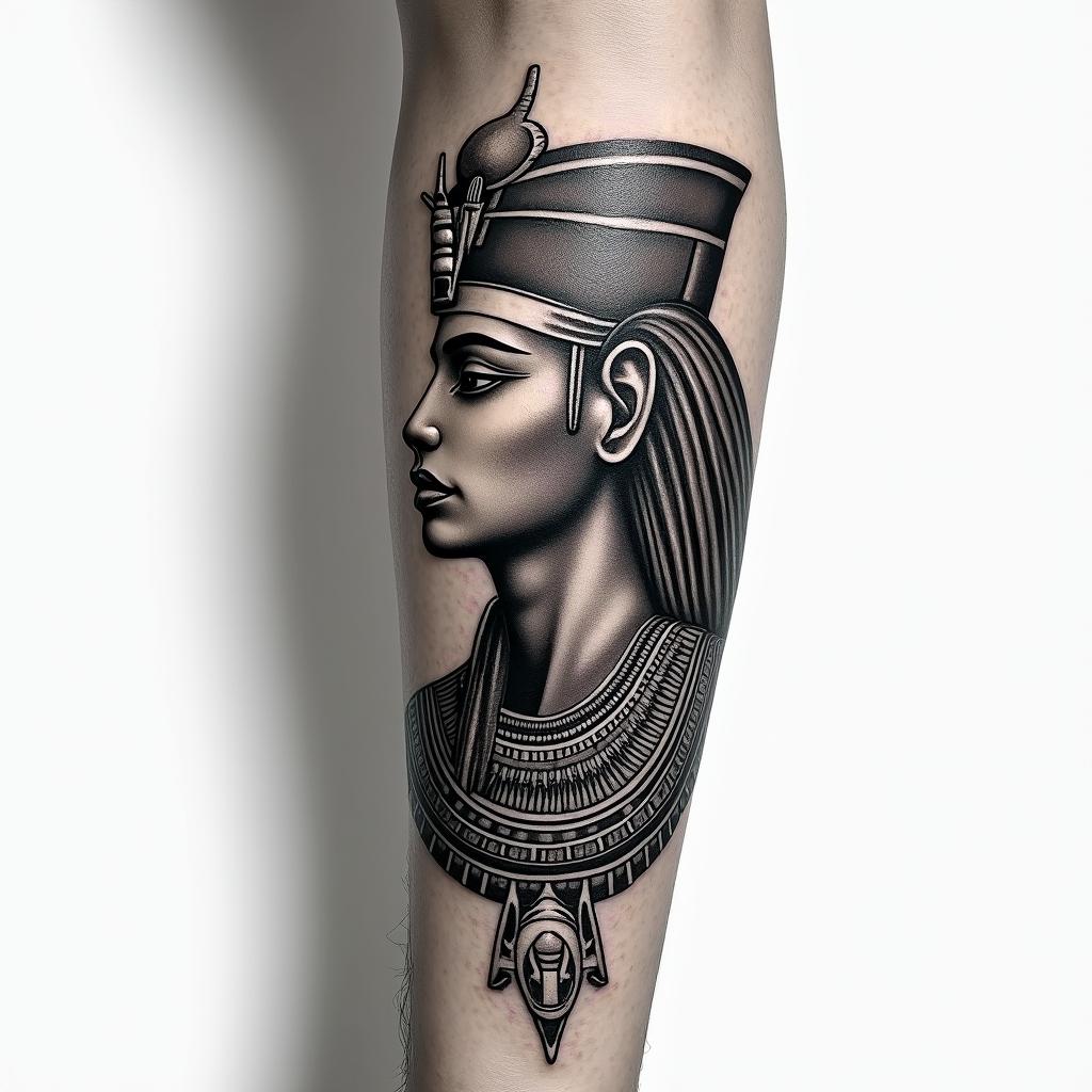 A tattoo on the forearmin egyptian style tattoo, bold elements of ancient egyptian culture including a portrait of an Egyptian pharaoh with detailed facial features, in hieroglyphs and symbolic imagery, eye of horus, ankh symbol, scarab beetle - Variation 2