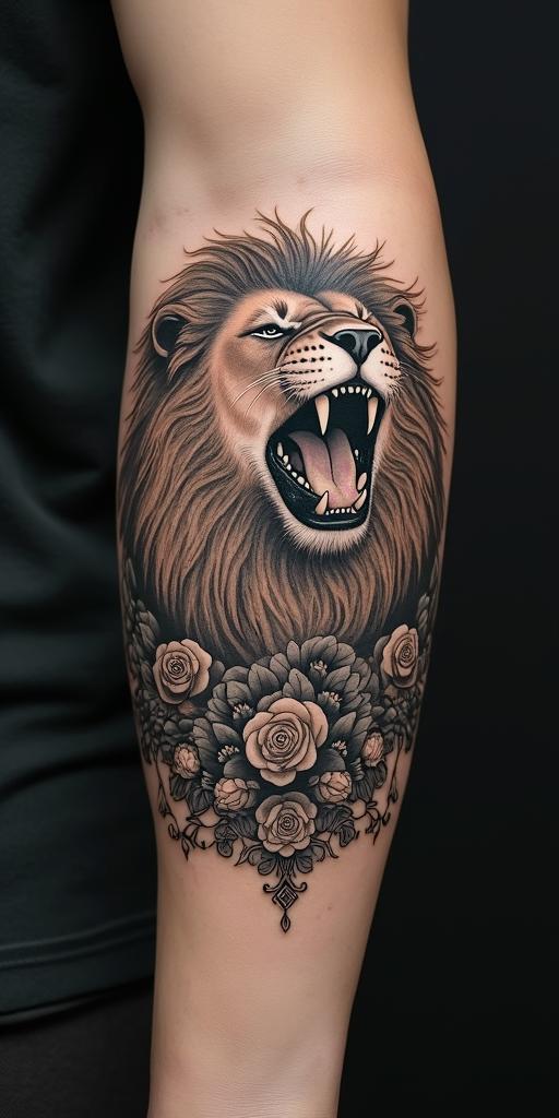 Lion roaring with a flowing manein victorian style tattoo, featuring vintage and elegant elements, ornate frames, roses, antique, sepia-toned color scheme - Variation 2