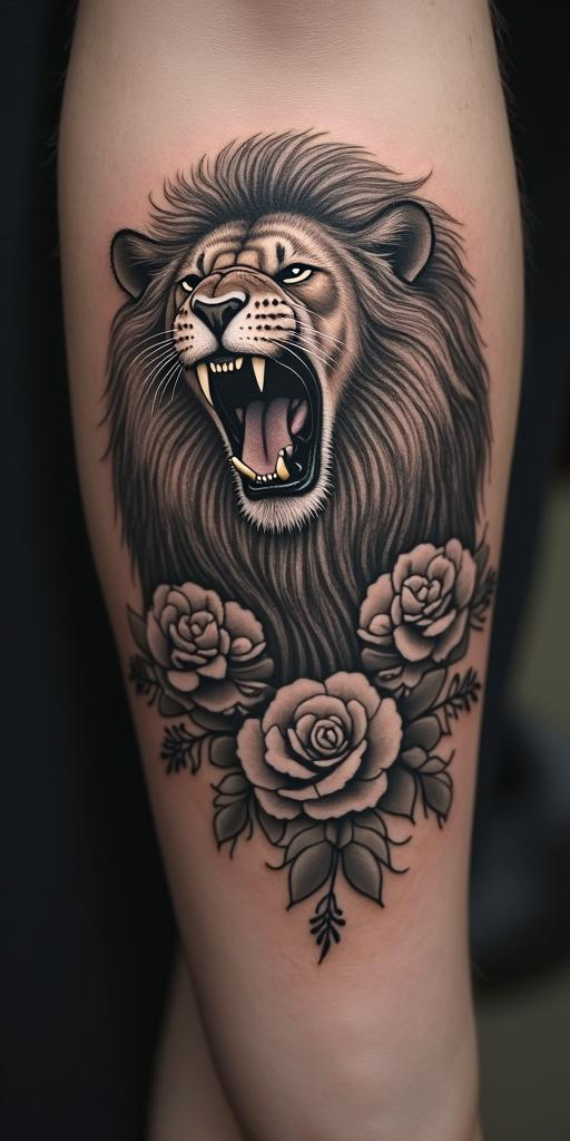 Lion roaring with a flowing manein victorian style tattoo, featuring vintage and elegant elements, ornate frames, roses, antique, sepia-toned color scheme