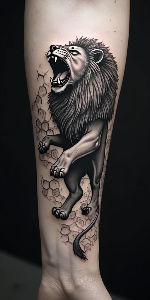 Roaring lion with a flowing mane in geometric style tattoo, blending hexagons, mandala-inspired patterns, symmetrical and fractal design, clean lines, sharp angles - Variation 2