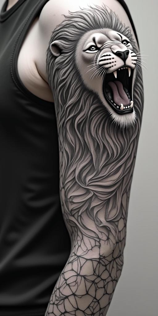 Roaring lion with a flowing mane in geometric style tattoo, blending hexagons, mandala-inspired patterns, symmetrical and fractal design, clean lines, sharp angles - Variation 4