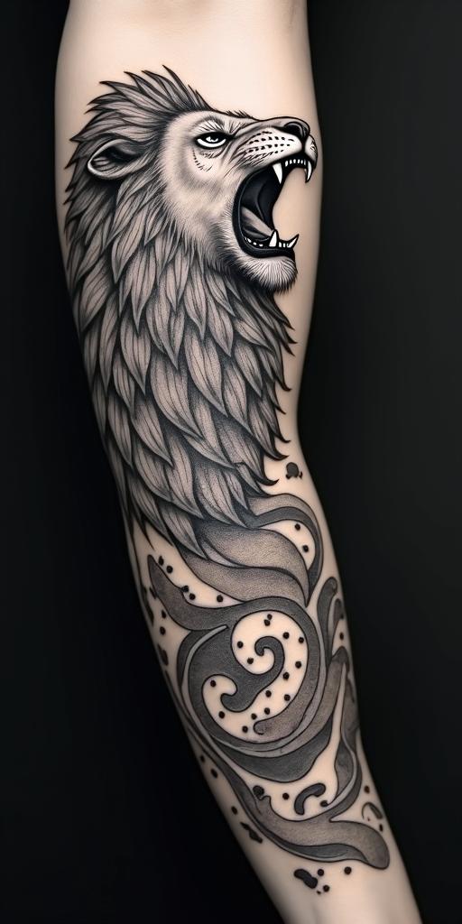 Roaring lion with a flowing mane in geometric style tattoo, blending hexagons, mandala-inspired patterns, symmetrical and fractal design, clean lines, sharp angles