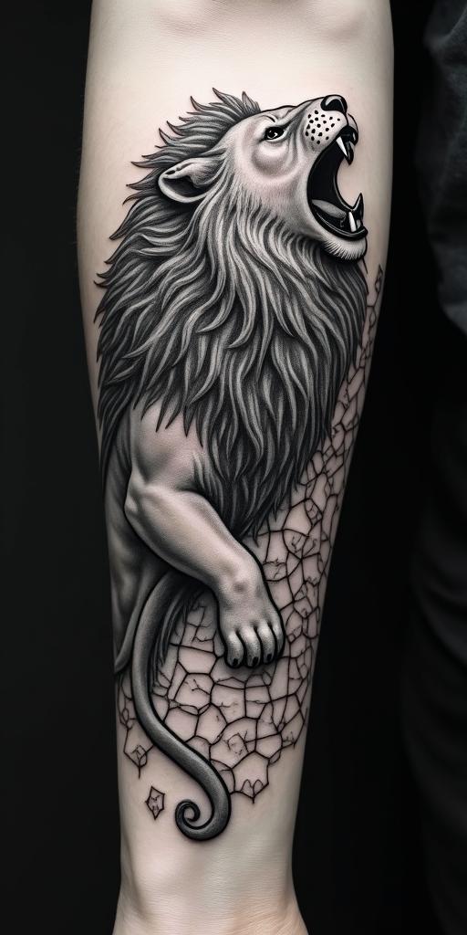 Roaring lion with a flowing mane in geometric style tattoo, blending hexagons, mandala-inspired patterns, symmetrical and fractal design, clean lines, sharp angles - Variation 3