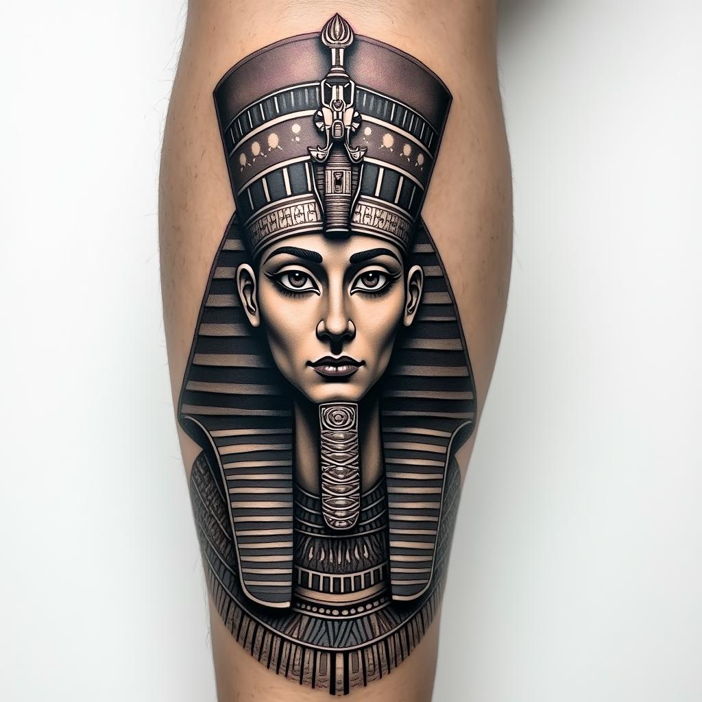 A forearm tattoo in the style of God of War.in egyptian style tattoo, bold elements of ancient egyptian culture including a portrait of an Egyptian pharaoh with detailed facial features, in hieroglyphs and symbolic imagery, eye of horus, ankh symbol, scarab beetle - Variation 2
