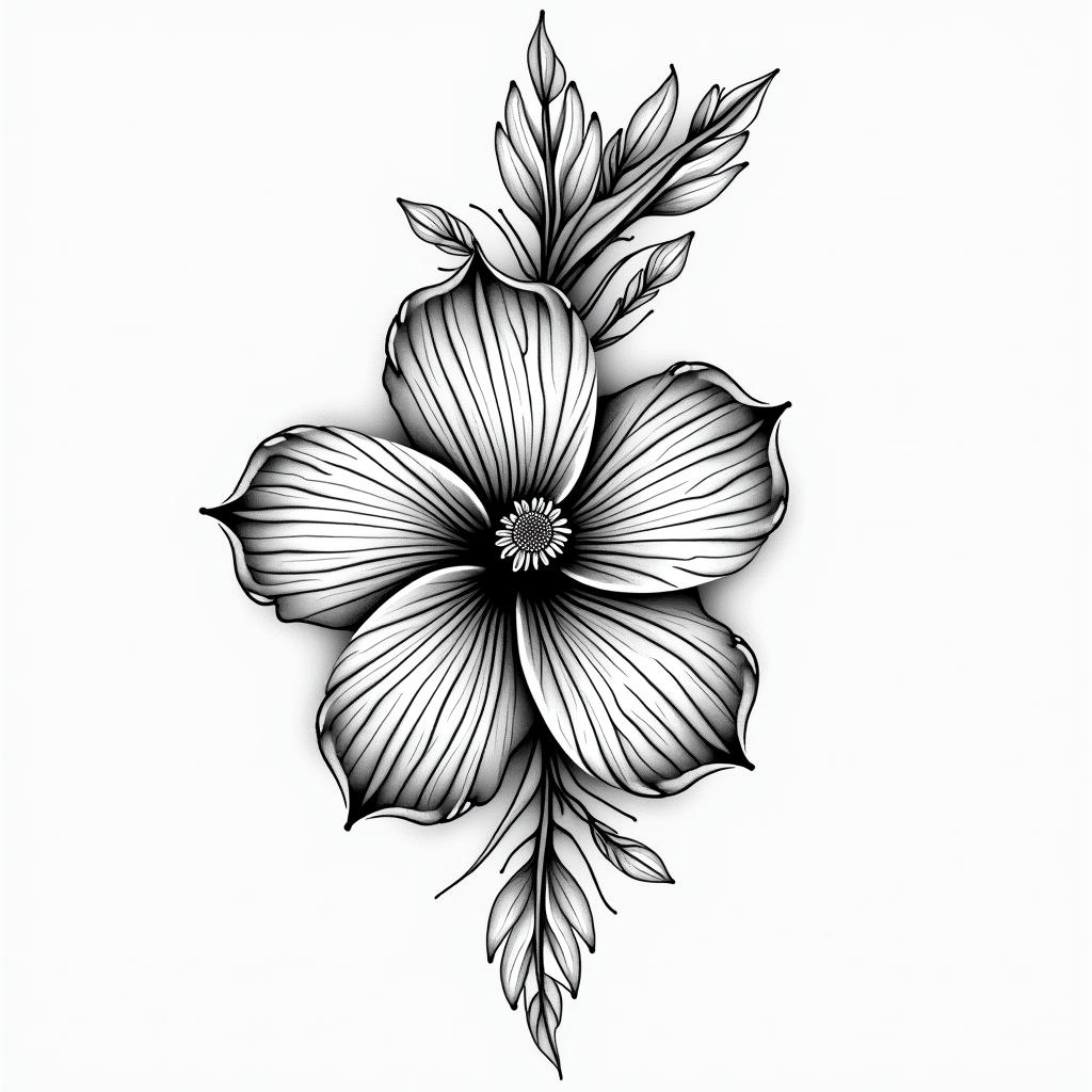 Hibiscus and bird of paradise in geometric style tattoo, blending hexagons, mandala-inspired patterns, symmetrical and fractal design, clean lines, sharp angles - Variation 3